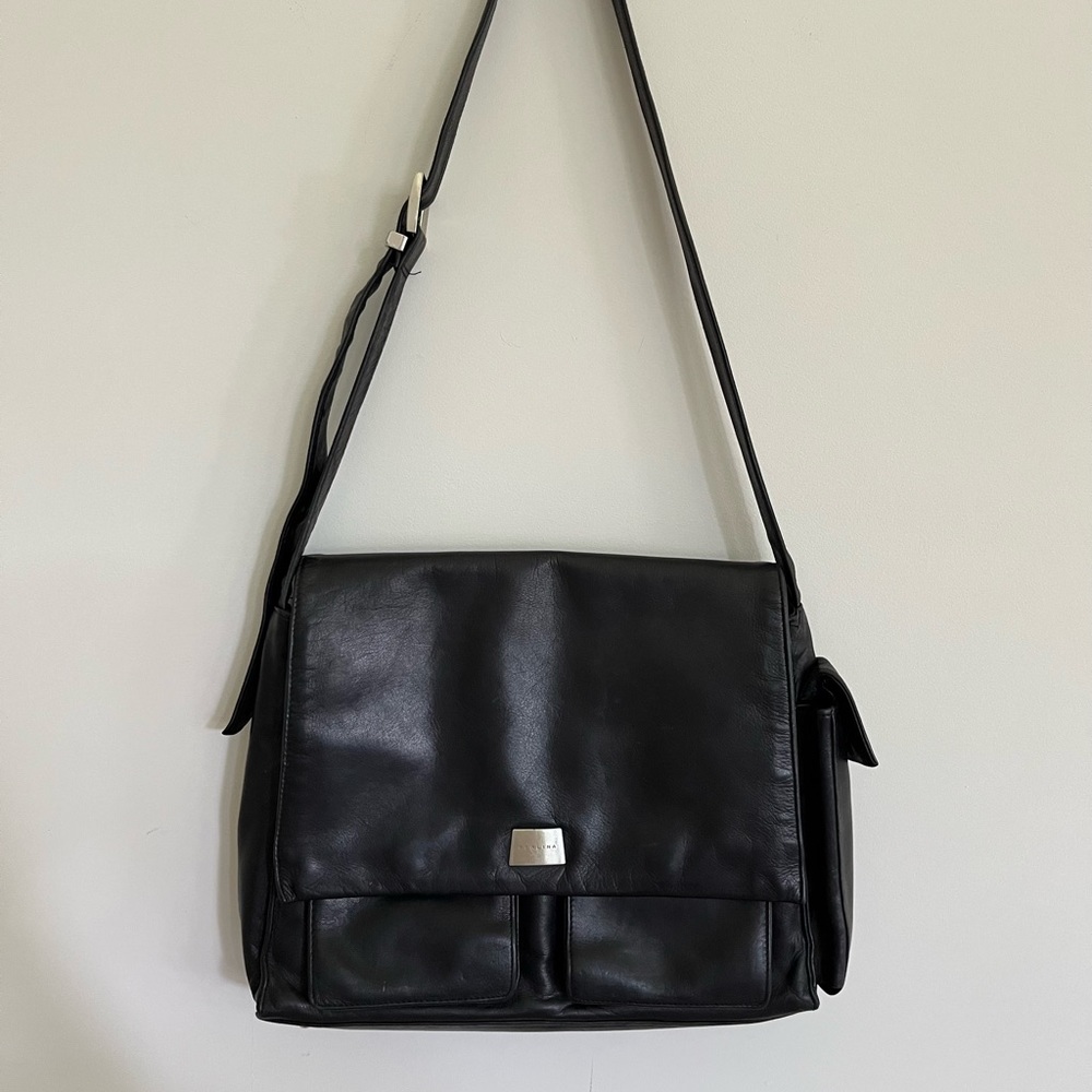 Perlina Black Leather Messenger Bag Purse Crossbody